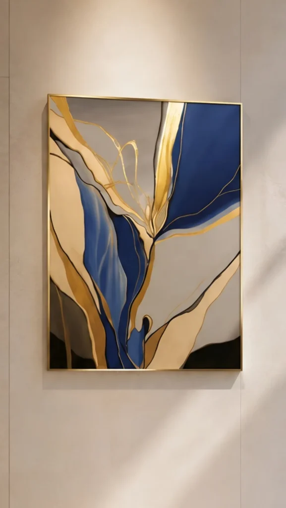 Framed calligraphy in indigo and gold on a pale wall
