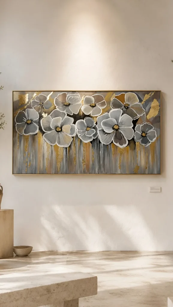 Framed floral artwork hung above a console table