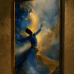 Whirling Dervish in Blue and Gold — framed sufi and spiritual displayed on a wall