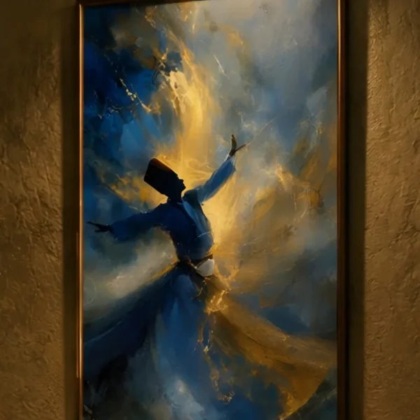 Whirling Dervish in Blue and Gold — framed sufi and spiritual displayed on a wall