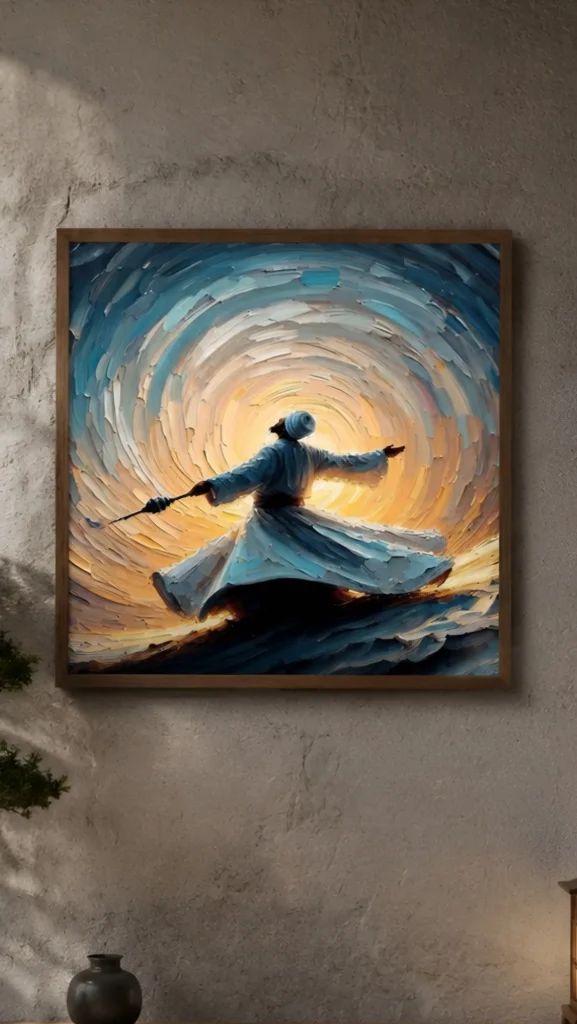 A framed whirling dervish painting hung in a living room